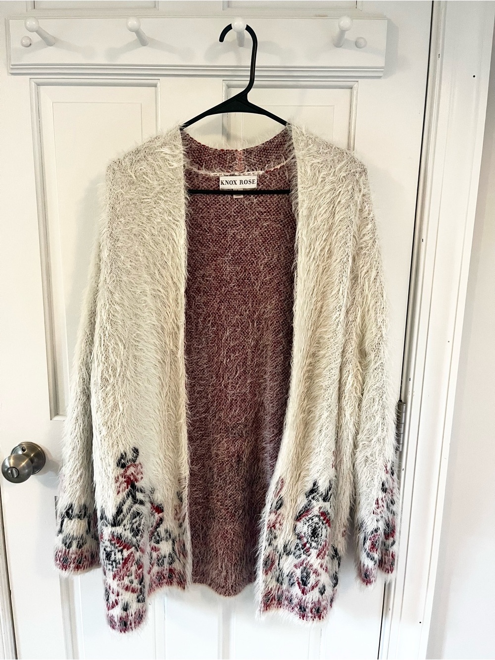 Knox Rose Cream & Mauve Fuzzy Decorative-Trim Open Cardigan
